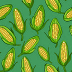 sweet corn, corn cobs, yellow kernels, green husks, emerald green background, vegetable pattern, food motif, harvest theme, autumn produce, scattered design,, fabric panel, botanical illustration, farm fresh, agricultural design, golden yellow, bright green, repeating pattern, kitchen theme, garden vegetables