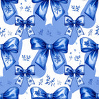 periwinkle blue, royal blue, cornflower blue, white, floral, bows, ribbons, delicate flowers, botanical, vintage, elegant, feminine, classic, blue and white, toile-inspired, small florals, leaf sprigs, decorative bows, spring, winter, holiday, gift wrap aesthetic, romantic, traditional, botanical prints, ornamental, soft, dainty, nursery, baby girl