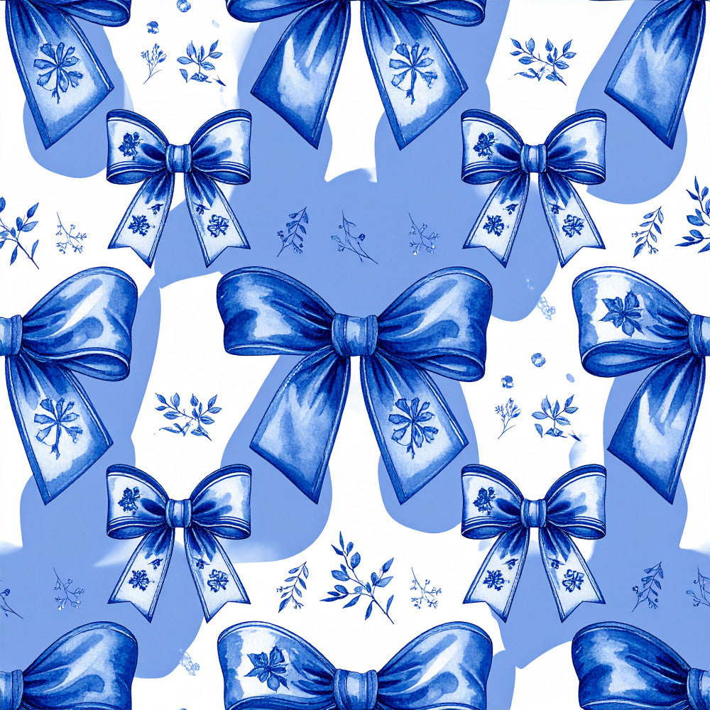 periwinkle blue, royal blue, cornflower blue, white, floral, bows, ribbons, delicate flowers, botanical, vintage, elegant, feminine, classic, blue and white, toile-inspired, small florals, leaf sprigs, decorative bows, spring, winter, holiday, gift wrap aesthetic, romantic, traditional, botanical prints, ornamental, soft, dainty, nursery, baby girl