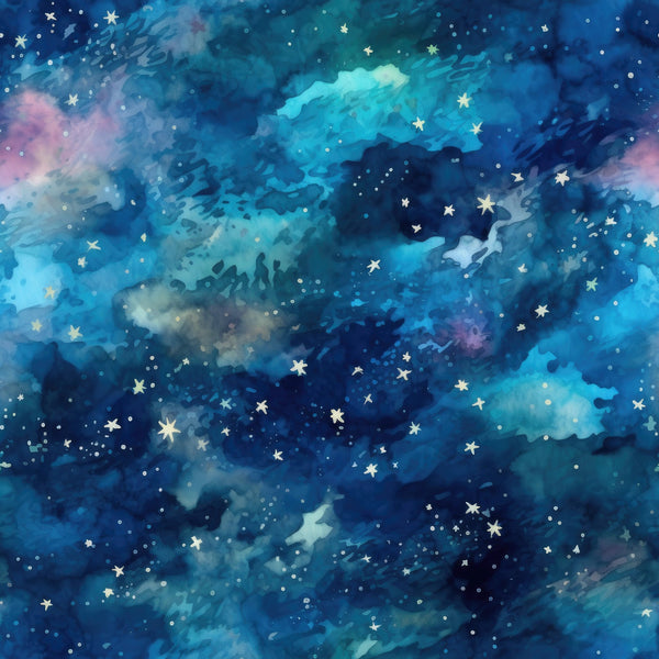 starry night, deep blue, turquoise, navy blue, celestial pattern, stars, nebula clouds, cosmic scene, watercolor style, dreamy atmosphere,, fabric panel, space theme, galaxy design, astronomical motif, swirling clouds, sparkled stars, night sky, cotton fabric, mystical mood