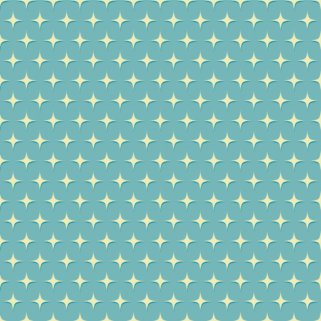 teal blue, cream white, atomic starbursts, mid-century modern, retro pattern, geometric shapes, star motifs, repeating design,, fabric panel, vintage inspired, mod style, turquoise background, diamond stars, nostalgic feel, craft fabric, sewing material, decorative pattern, atomic era