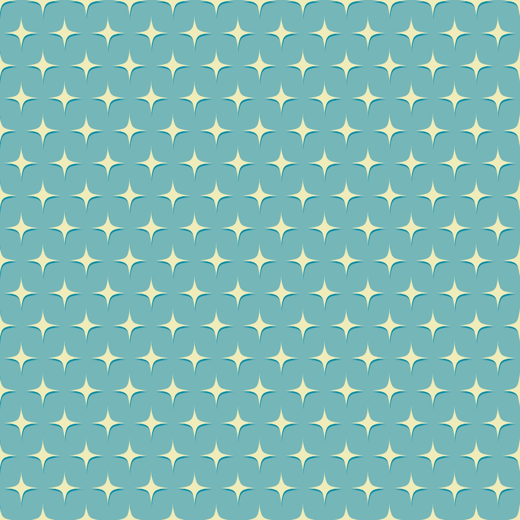 teal blue, cream white, atomic starbursts, mid-century modern, retro pattern, geometric shapes, star motifs, repeating design,, fabric panel, vintage inspired, mod style, turquoise background, diamond stars, nostalgic feel, craft fabric, sewing material, decorative pattern, atomic era