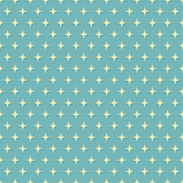 teal blue, cream white, atomic starbursts, mid-century modern, retro pattern, geometric shapes, star motifs, repeating design,, fabric panel, vintage inspired, mod style, turquoise background, diamond stars, nostalgic feel, craft fabric, sewing material, decorative pattern, atomic era