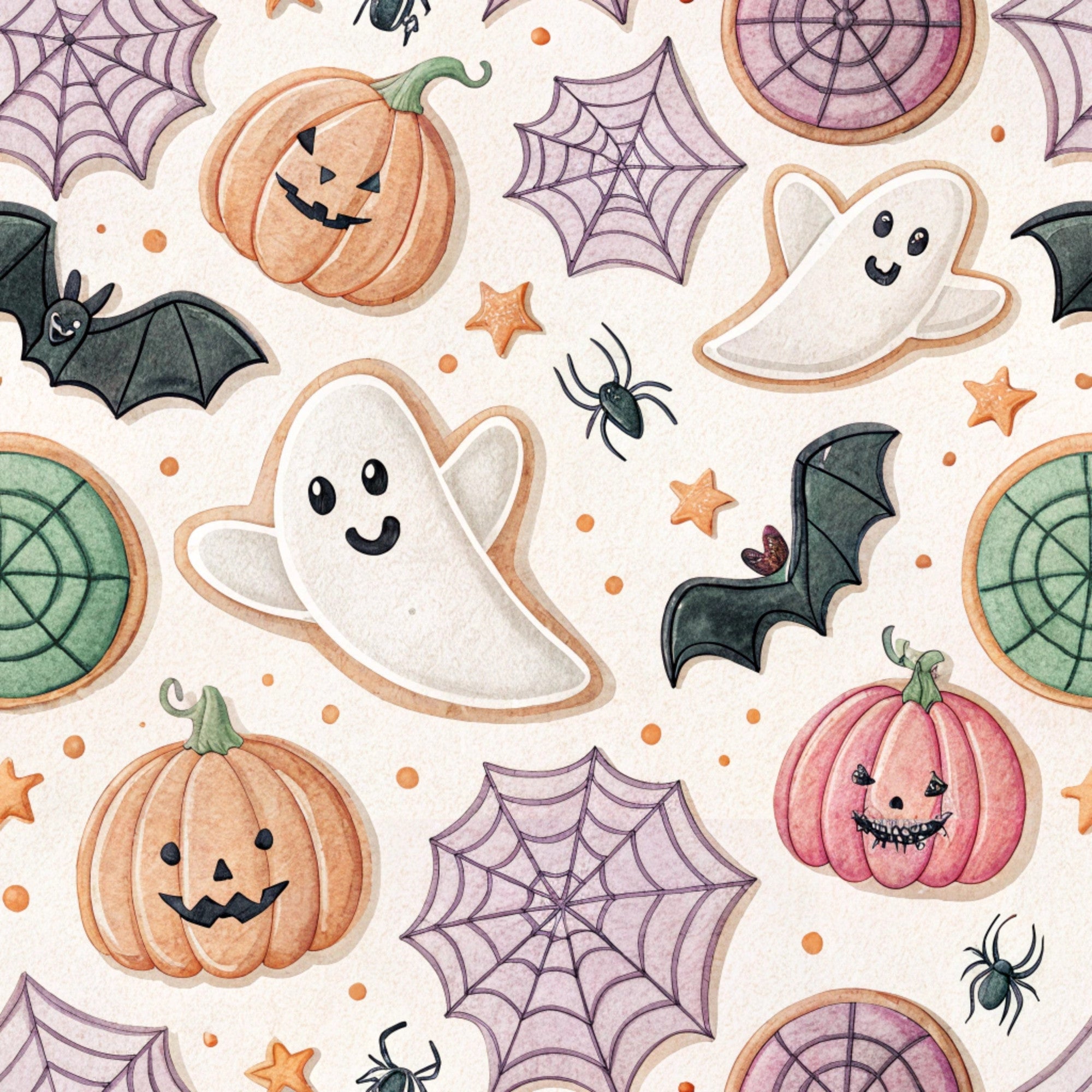 halloween pattern,, fabric panel, pumpkins, jack-o-lanterns, ghosts, bats, spiders, spider webs, orange, purple, green, pink, cream background, watercolor style, cute characters, whimsical design, retro aesthetic, seasonal motif, repeating pattern, autumn colors