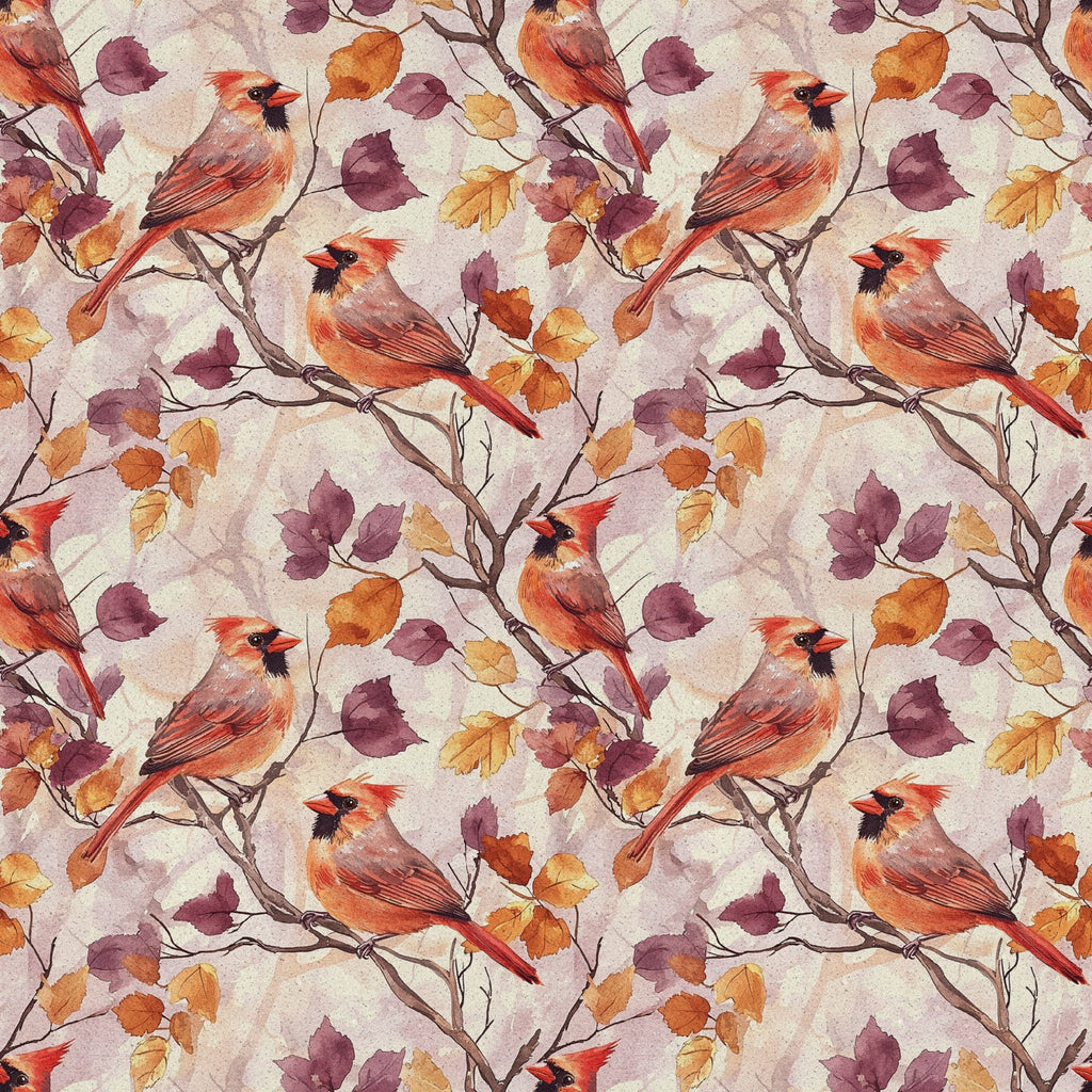 red cardinals, autumn leaves, watercolor style,, fabric panel, orange foliage, purple leaves, brown branches, bird pattern, seasonal design, fall colors, nature motif, repeating pattern, warm tones, woodland birds, burgundy accents, botanical elements, crafting fabric, textile design, avian theme