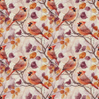 red cardinals, autumn leaves, watercolor style,, fabric panel, orange foliage, purple leaves, brown branches, bird pattern, seasonal design, fall colors, nature motif, repeating pattern, warm tones, woodland birds, burgundy accents, botanical elements, crafting fabric, textile design, avian theme