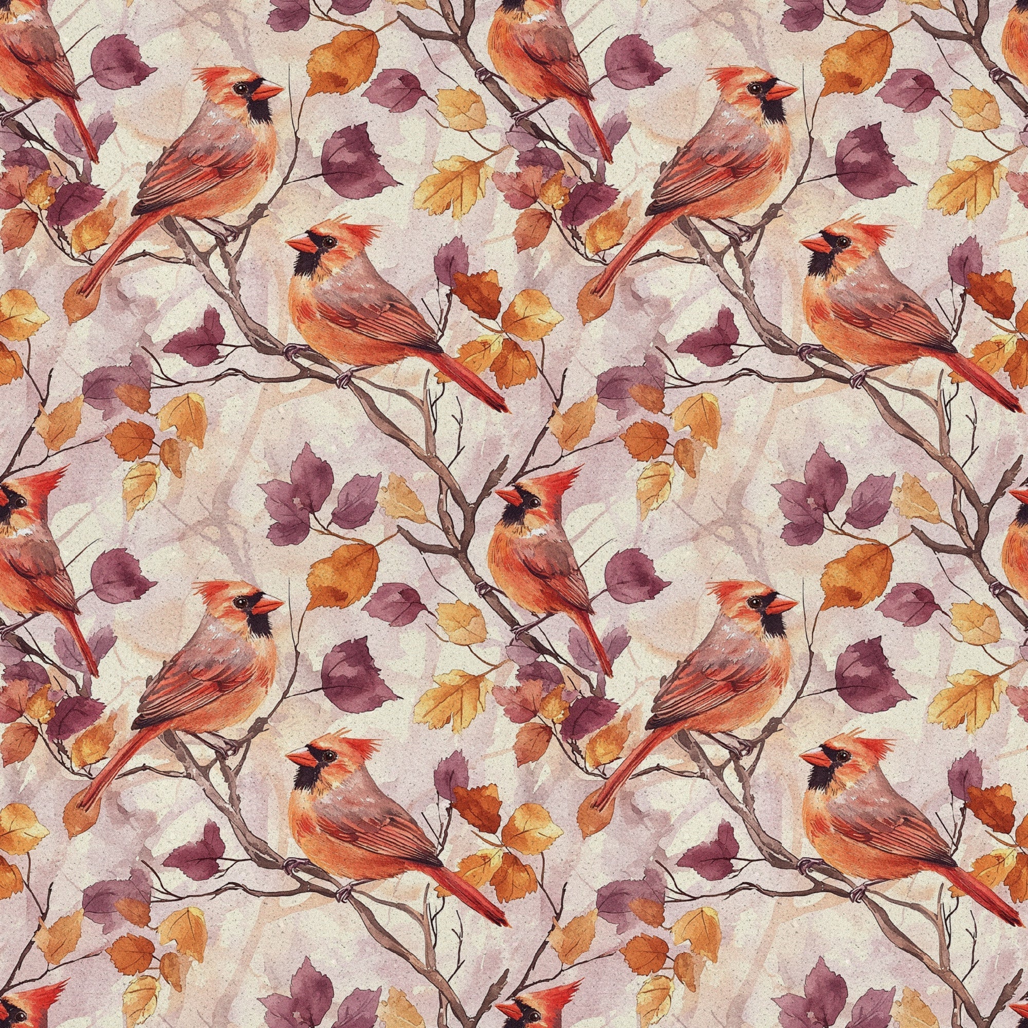 red cardinals, autumn leaves, watercolor style,, fabric panel, orange foliage, purple leaves, brown branches, bird pattern, seasonal design, fall colors, nature motif, repeating pattern, warm tones, woodland birds, burgundy accents, botanical elements, crafting fabric, textile design, avian theme