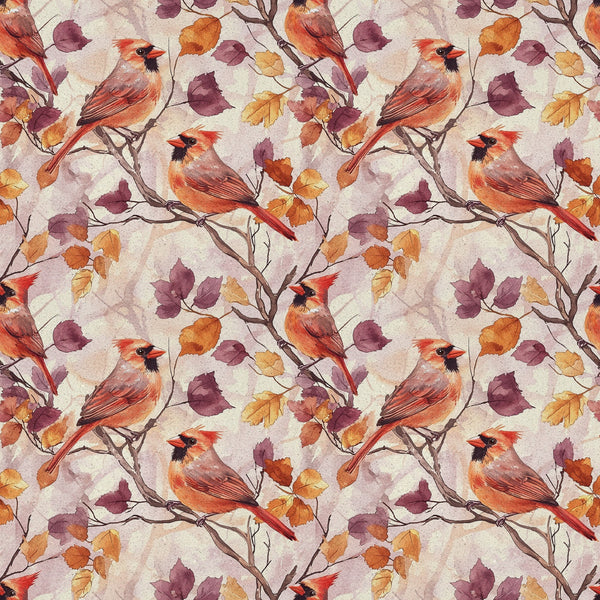 red cardinals, autumn leaves, watercolor style,, fabric panel, orange foliage, purple leaves, brown branches, bird pattern, seasonal design, fall colors, nature motif, repeating pattern, warm tones, woodland birds, burgundy accents, botanical elements, crafting fabric, textile design, avian theme