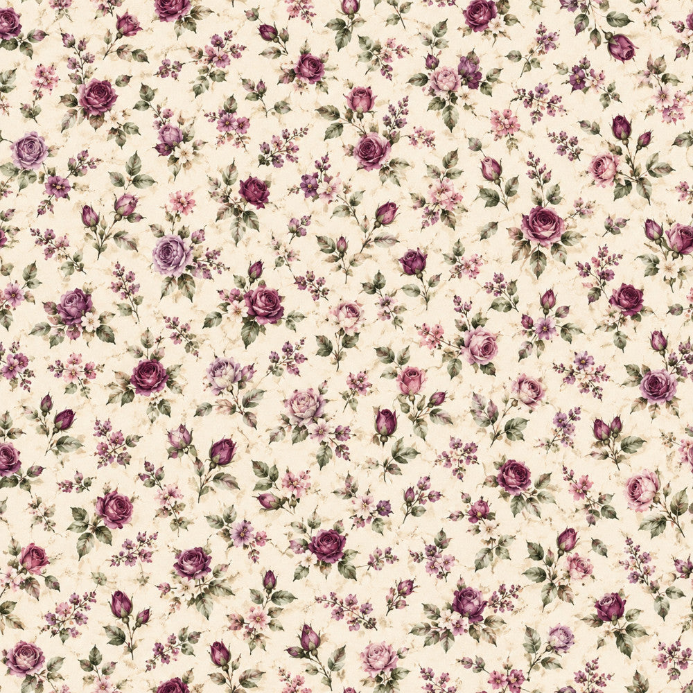 dusty rose, mauve, plum purple, sage green, cream, vintage floral, roses, botanical, garden flowers, romantic, elegant, traditional, cottage core, shabby chic, nature, spring, summer, delicate, feminine, timeless, classic, victorian, antique, pretty, graceful, damask floral, clustered flowers, small scale print, multi-colored florals