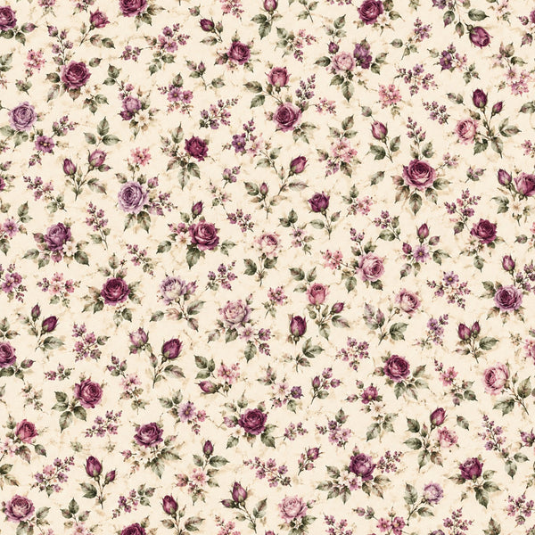 dusty rose, mauve, plum purple, sage green, cream, vintage floral, roses, botanical, garden flowers, romantic, elegant, traditional, cottage core, shabby chic, nature, spring, summer, delicate, feminine, timeless, classic, victorian, antique, pretty, graceful, damask floral, clustered flowers, small scale print, multi-colored florals
