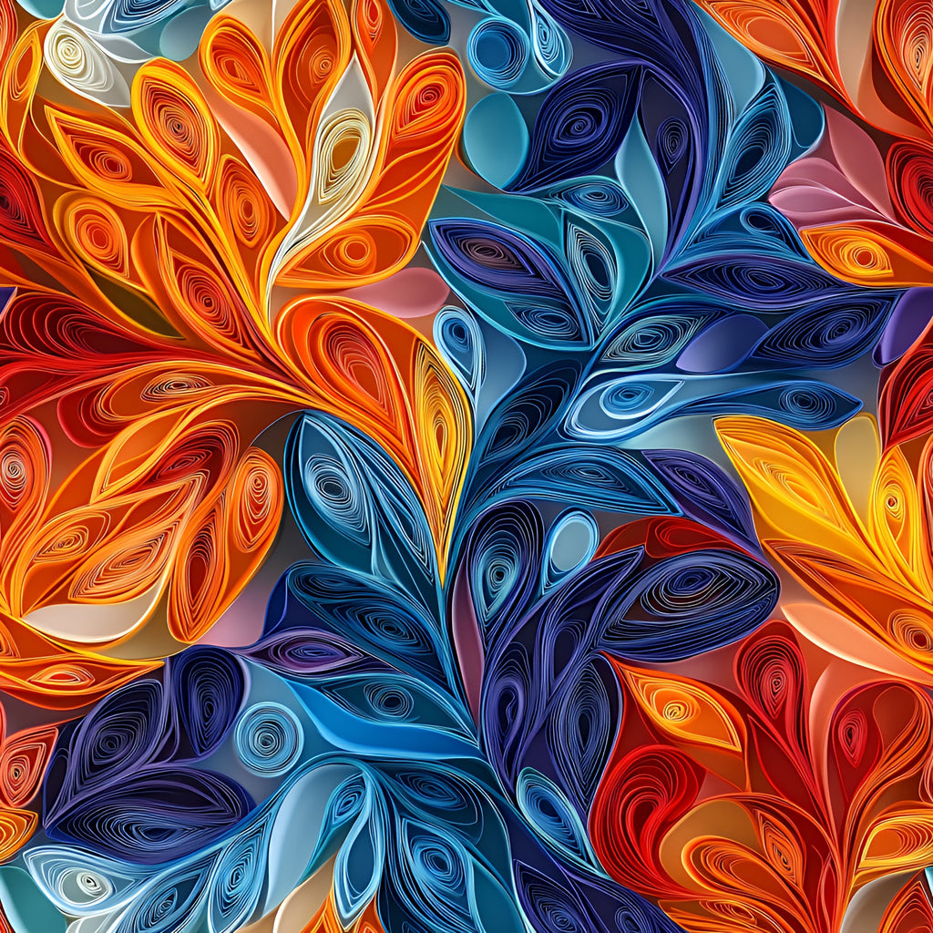 orange, blue, red, yellow, purple, teal, swirled petals, floral motifs, paper quilling, abstract flowers, spiral patterns, coiled designs, vibrant colors, artistic swirls, decorative blooms,, fabric panel, contemporary art, flowing curves, dimensional effect