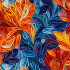 orange, blue, red, yellow, purple, teal, swirled petals, floral motifs, paper quilling, abstract flowers, spiral patterns, coiled designs, vibrant colors, artistic swirls, decorative blooms,, fabric panel, contemporary art, flowing curves, dimensional effect