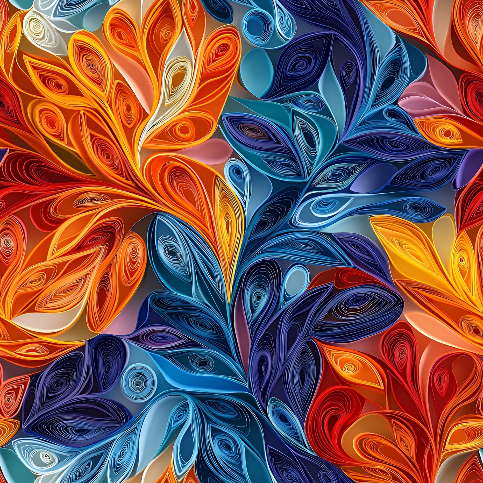 orange, blue, red, yellow, purple, teal, swirled petals, floral motifs, paper quilling, abstract flowers, spiral patterns, coiled designs, vibrant colors, artistic swirls, decorative blooms,, fabric panel, contemporary art, flowing curves, dimensional effect