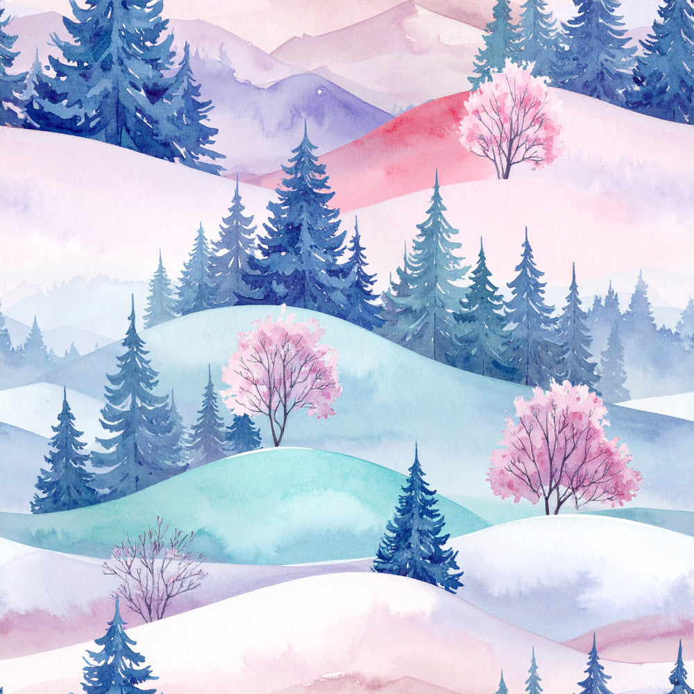 winter landscape, snowy hills, evergreen trees, coniferous forest, pink trees, cherry blossom trees, pastel pink, navy blue, soft blue, lavender, white, misty mountains, peaceful scenery, nature scene, winter wonderland, cold weather, seasonal landscape, dreamy aesthetic, whimsical style, soft watercolor, gentle palette, rolling hills, forest scene, spring blossoms, winter and spring blend, nursery decor, kids room, baby shower, enchanted forest, serene landscape