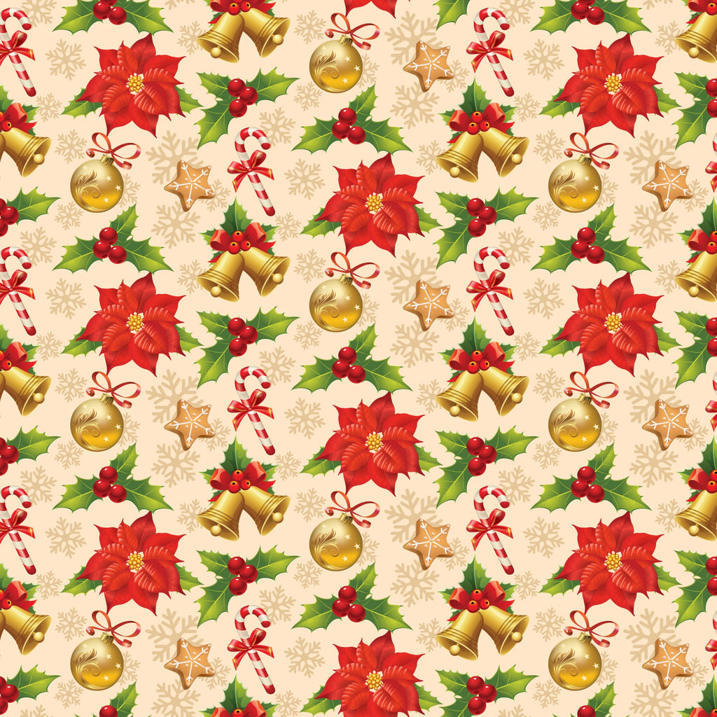 christmas pattern,, fabric panel, red poinsettias, holly berries, golden bells, candy canes, ornament balls, gingerbread cookies, snowflakes, cream background, festive design, holiday motifs, repeating pattern, seasonal fabric, winter elements, red and green, gold accents, christmas decorations, holiday quilting