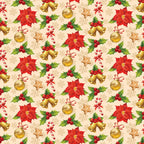 christmas pattern,, fabric panel, red poinsettias, holly berries, golden bells, candy canes, ornament balls, gingerbread cookies, snowflakes, cream background, festive design, holiday motifs, repeating pattern, seasonal fabric, winter elements, red and green, gold accents, christmas decorations, holiday quilting