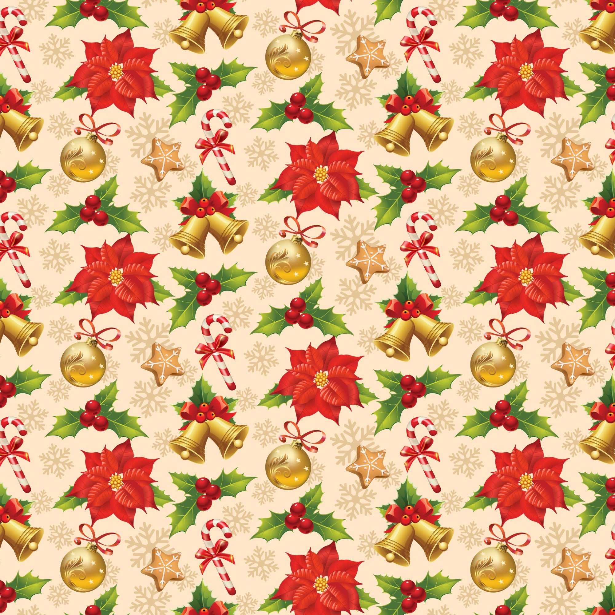christmas pattern,, fabric panel, red poinsettias, holly berries, golden bells, candy canes, ornament balls, gingerbread cookies, snowflakes, cream background, festive design, holiday motifs, repeating pattern, seasonal fabric, winter elements, red and green, gold accents, christmas decorations, holiday quilting