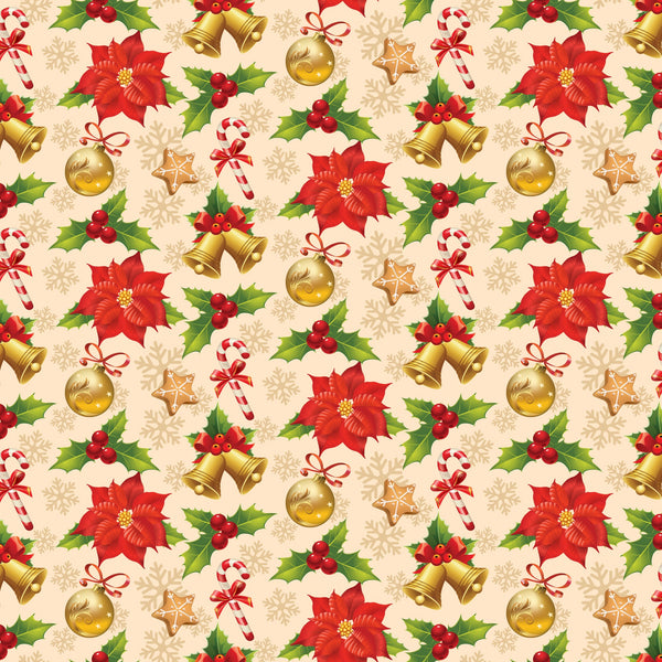 christmas pattern,, fabric panel, red poinsettias, holly berries, golden bells, candy canes, ornament balls, gingerbread cookies, snowflakes, cream background, festive design, holiday motifs, repeating pattern, seasonal fabric, winter elements, red and green, gold accents, christmas decorations, holiday quilting