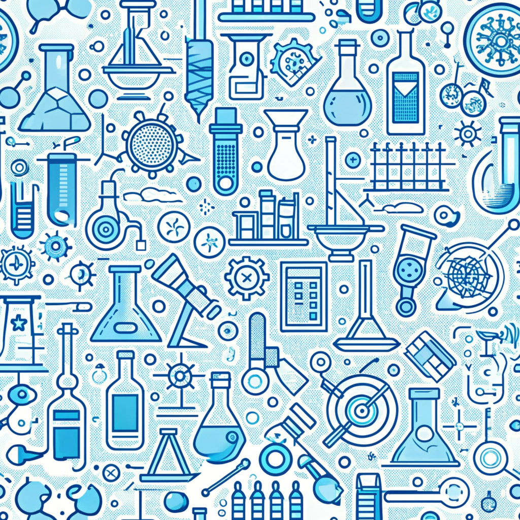 blue, white, light blue, science equipment, laboratory tools, beakers, flasks, test tubes, microscope, molecules, chemistry, educational theme, back to school, scientific instruments, seamless pattern,, fabric panel, academic motif, stem design, monochromatic blue