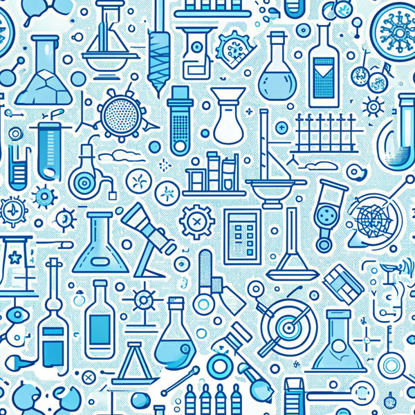 blue, white, light blue, science equipment, laboratory tools, beakers, flasks, test tubes, microscope, molecules, chemistry, educational theme, back to school, scientific instruments, seamless pattern,, fabric panel, academic motif, stem design, monochromatic blue