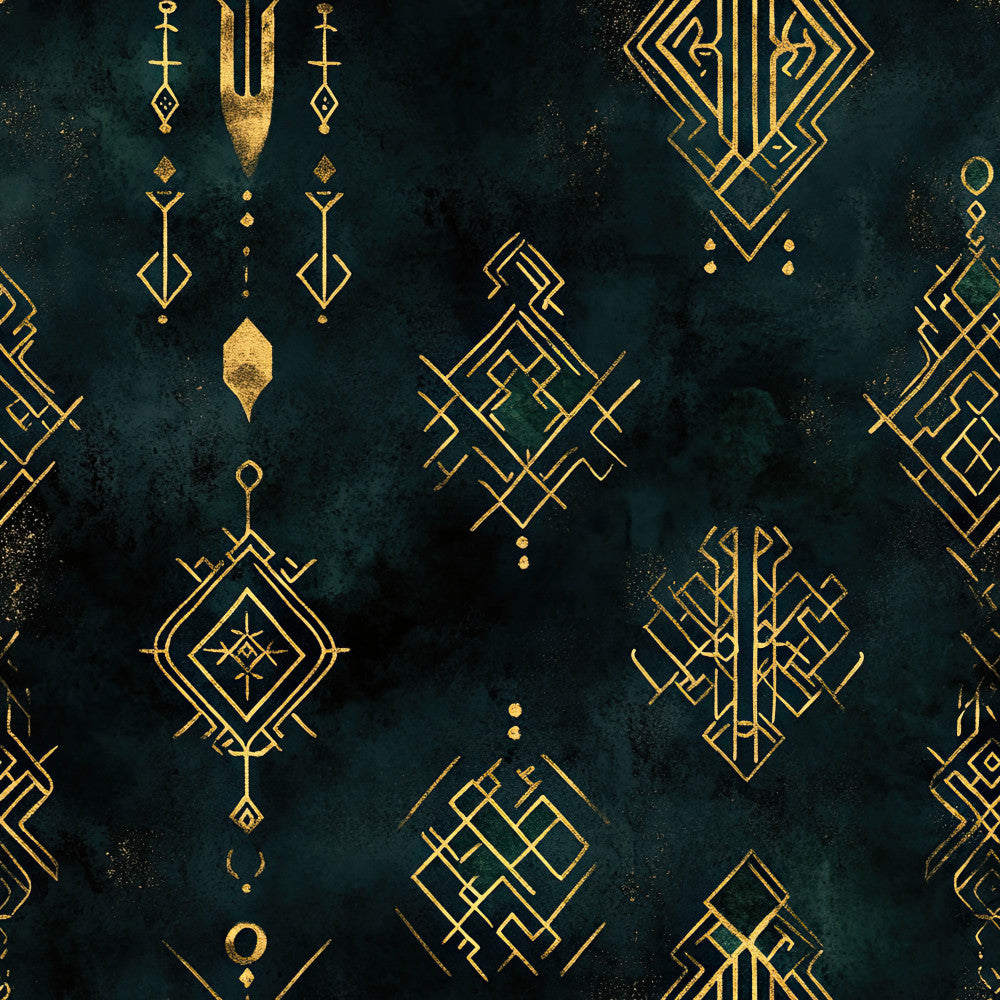 forest green, teal, deep teal, gold, metallic gold, art deco, geometric, geometric patterns, linear, abstract geometric, diamond shapes, symmetrical, elegant, modern, sophisticated, vintage, luxurious, ornamental, decorative, celestial, mystical, tribal, boho, bohemian, dark academia, jewel tones, textured, distressed, moody, upscale
