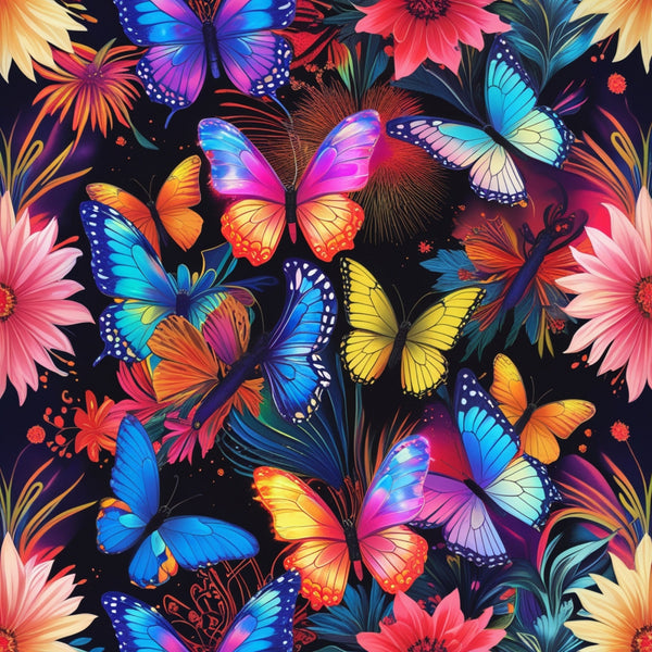 butterflies, tropical flowers, vibrant colors, electric blue, hot pink, coral orange, yellow wings, purple butterflies, floral pattern, exotic blooms, fantasy design,, fabric panel, colorful insects, bright florals, rainbow wings, tropical paradise, whimsical butterflies, vivid hues, nature motifs
