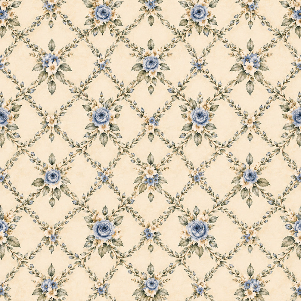 cream, ivory, soft blue, pale blue, dusty blue, sage green, floral, vintage floral, botanical, roses, garland, wreath, trellis, lattice, ornate, elegant, traditional, classic, romantic, cottage, shabby chic, spring, nature, leaf, leaves, delicate, feminine, timeless, heritage, english garden