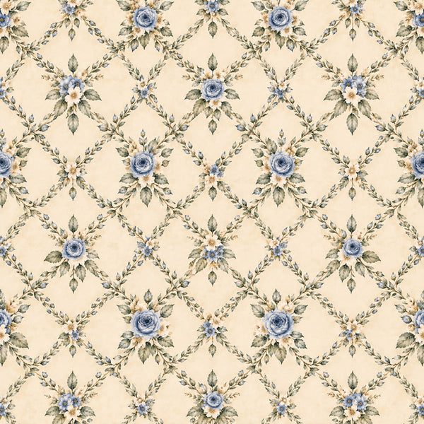 cream, ivory, soft blue, pale blue, dusty blue, sage green, floral, vintage floral, botanical, roses, garland, wreath, trellis, lattice, ornate, elegant, traditional, classic, romantic, cottage, shabby chic, spring, nature, leaf, leaves, delicate, feminine, timeless, heritage, english garden