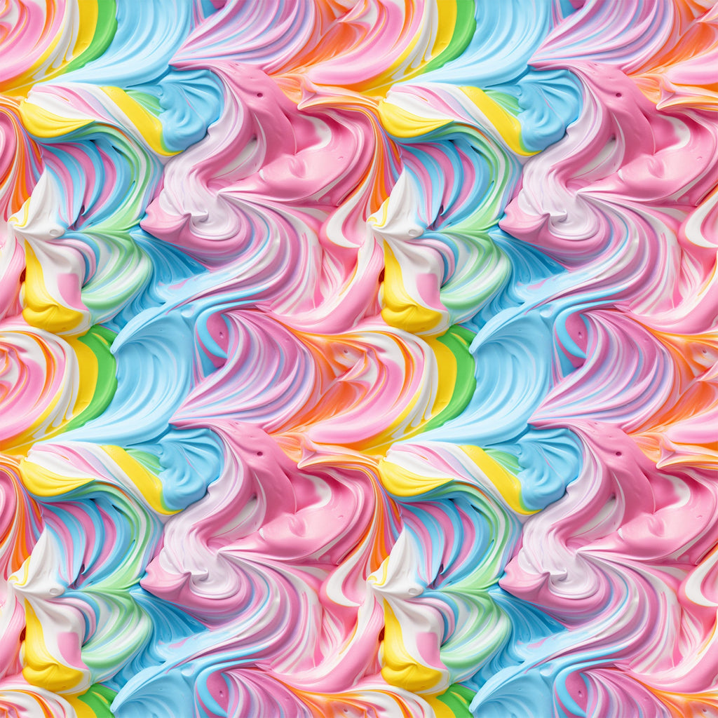 rainbow swirls, pink frosting, blue icing, yellow swirls, multicolor pattern, pastel colors, swirled design, candy colors, frosting texture,, fabric panel, sweet treats, dessert inspired, flowing curves, marbled effect, bright colors, seamless repeat, cotton fabric, confectionery theme
