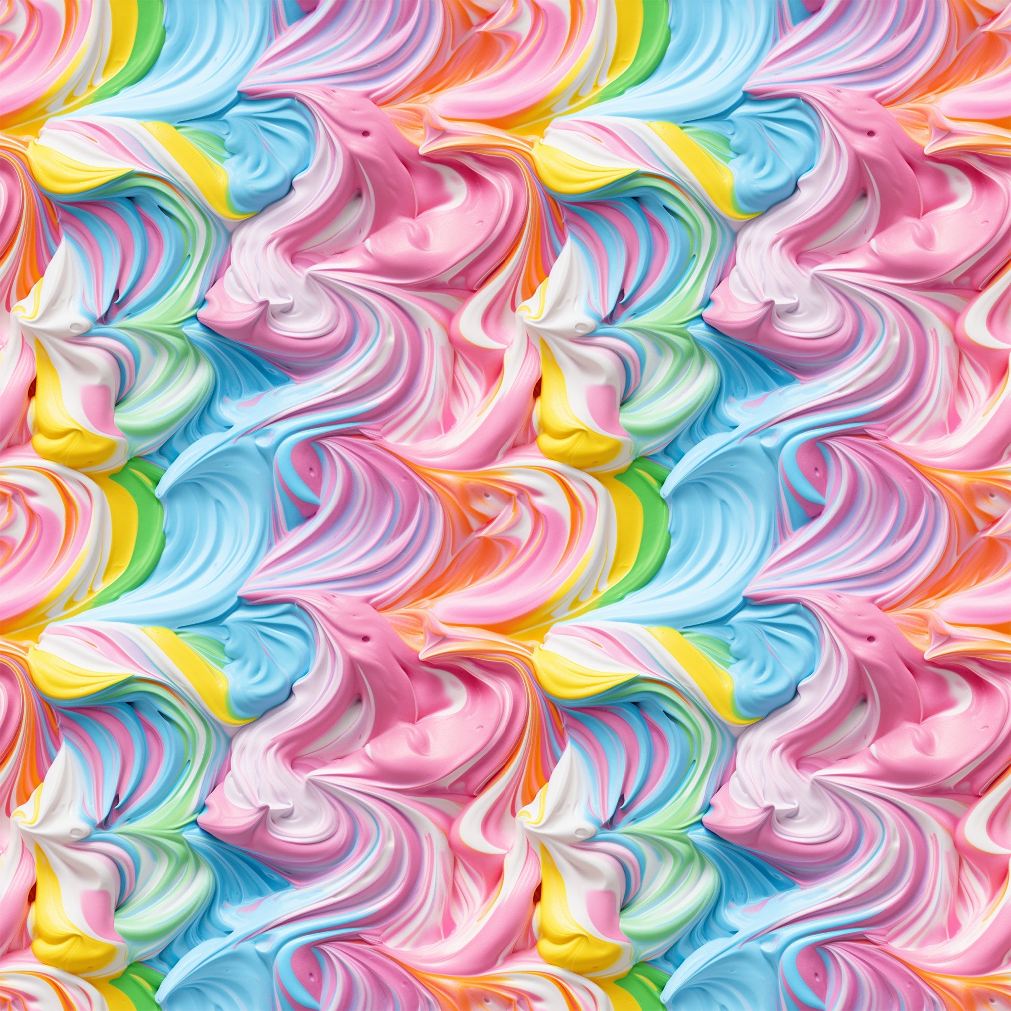 rainbow swirls, pink frosting, blue icing, yellow swirls, multicolor pattern, pastel colors, swirled design, candy colors, frosting texture,, fabric panel, sweet treats, dessert inspired, flowing curves, marbled effect, bright colors, seamless repeat, cotton fabric, confectionery theme