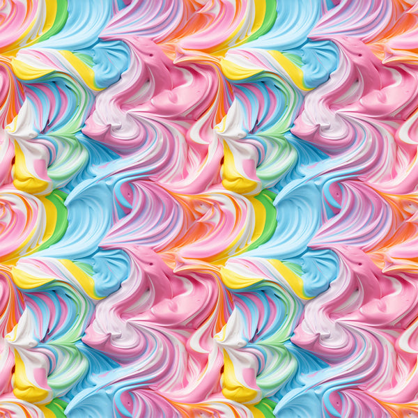 rainbow swirls, pink frosting, blue icing, yellow swirls, multicolor pattern, pastel colors, swirled design, candy colors, frosting texture,, fabric panel, sweet treats, dessert inspired, flowing curves, marbled effect, bright colors, seamless repeat, cotton fabric, confectionery theme