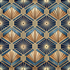 navy blue, gold, cream, copper, geometric pattern, art deco, sunburst motif, fan shapes, diamond grid, hexagonal elements, radiating lines,, fabric panel, vintage style, 1920s inspired, repeating pattern, metallic accents, angular design, luxury aesthetic