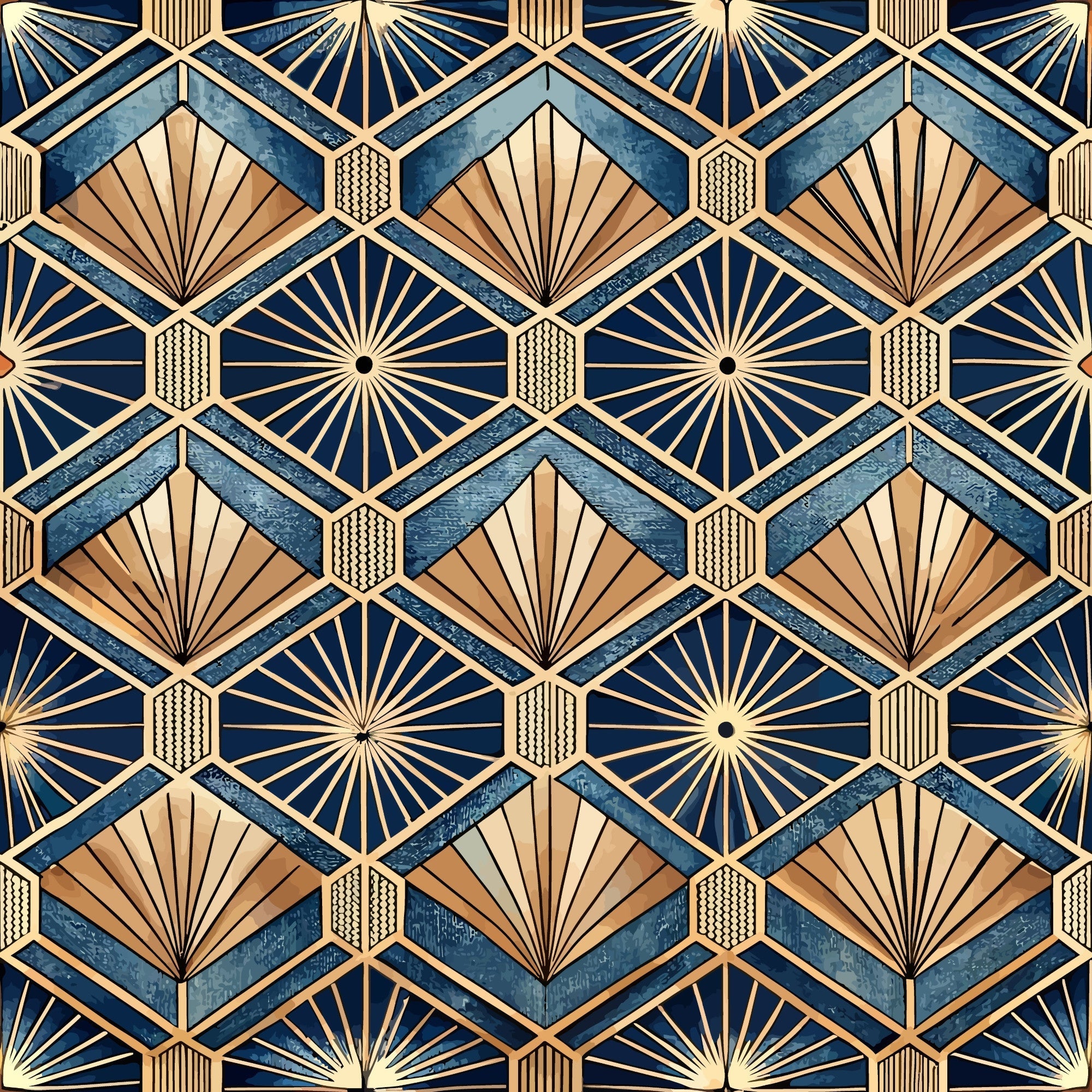 navy blue, gold, cream, copper, geometric pattern, art deco, sunburst motif, fan shapes, diamond grid, hexagonal elements, radiating lines,, fabric panel, vintage style, 1920s inspired, repeating pattern, metallic accents, angular design, luxury aesthetic