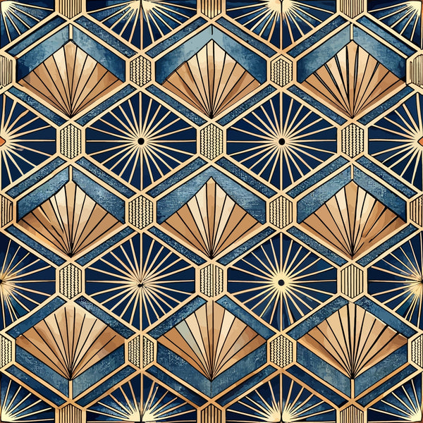navy blue, gold, cream, copper, geometric pattern, art deco, sunburst motif, fan shapes, diamond grid, hexagonal elements, radiating lines,, fabric panel, vintage style, 1920s inspired, repeating pattern, metallic accents, angular design, luxury aesthetic
