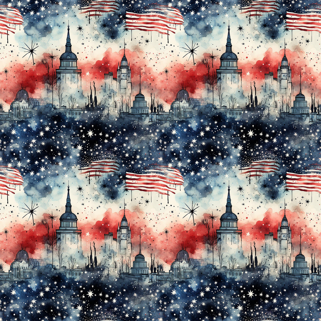 red, white, blue, navy blue, patriotic, american flag, stars, stripes, fireworks, cityscape, skyline, buildings, capitol dome, grunge, watercolor, distressed,, fabric panel, fourth of july, independence day, repeating pattern