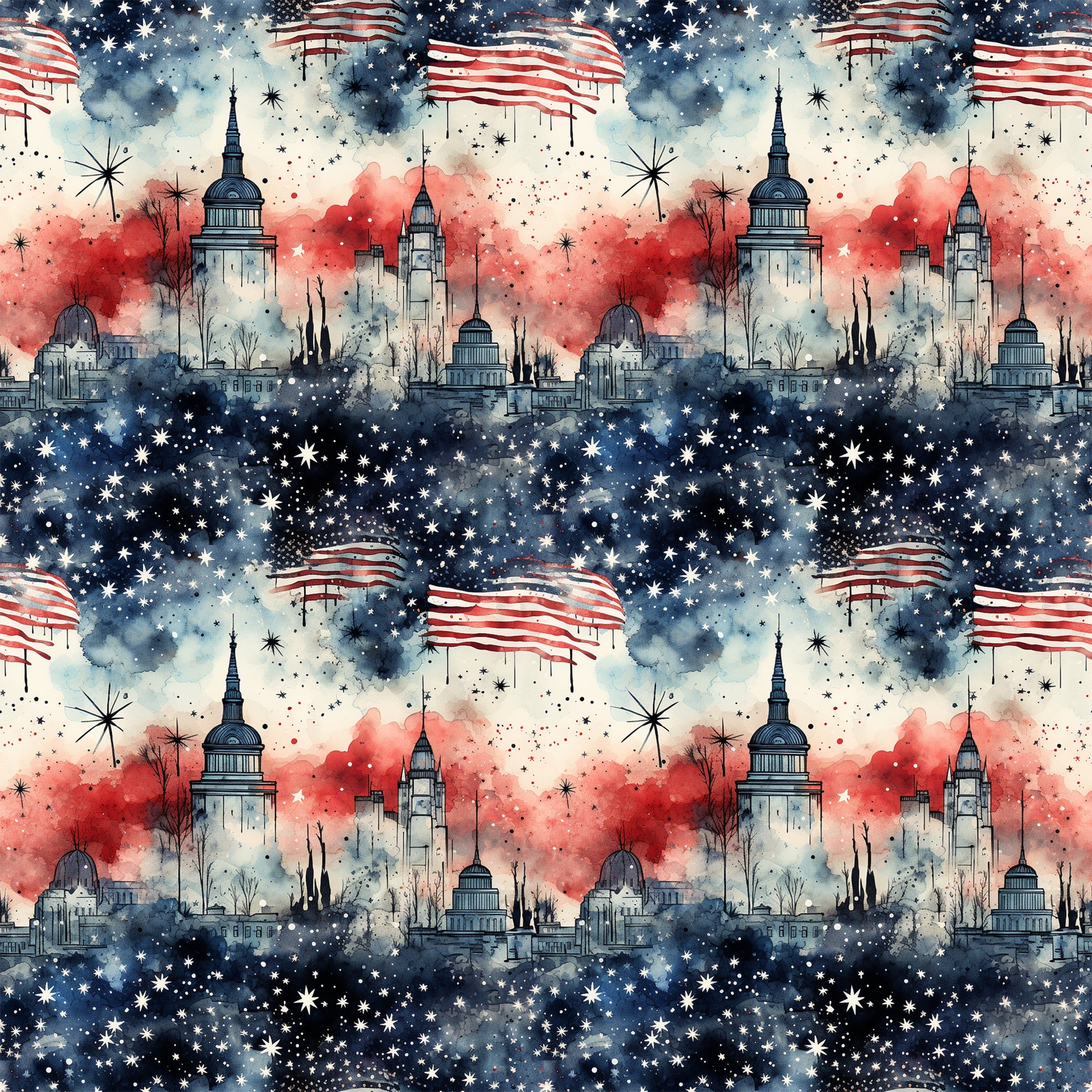 red, white, blue, navy blue, patriotic, american flag, stars, stripes, fireworks, cityscape, skyline, buildings, capitol dome, grunge, watercolor, distressed,, fabric panel, fourth of july, independence day, repeating pattern