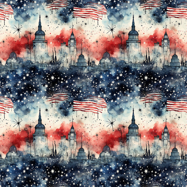 red, white, blue, navy blue, patriotic, american flag, stars, stripes, fireworks, cityscape, skyline, buildings, capitol dome, grunge, watercolor, distressed,, fabric panel, fourth of july, independence day, repeating pattern