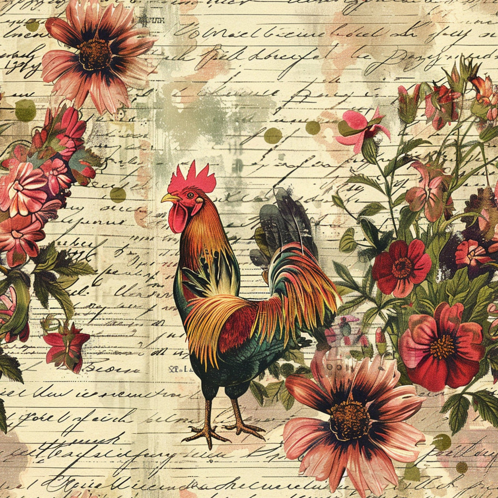 coral, pink, green, yellow, red, rooster, chicken, floral, flowers, script handwriting, vintage style, farm animals, botanical, cottage core,, fabric panel, country living, rustic charm, watercolor effect, antique letters