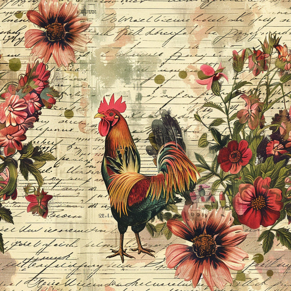 coral, pink, green, yellow, red, rooster, chicken, floral, flowers, script handwriting, vintage style, farm animals, botanical, cottage core,, fabric panel, country living, rustic charm, watercolor effect, antique letters