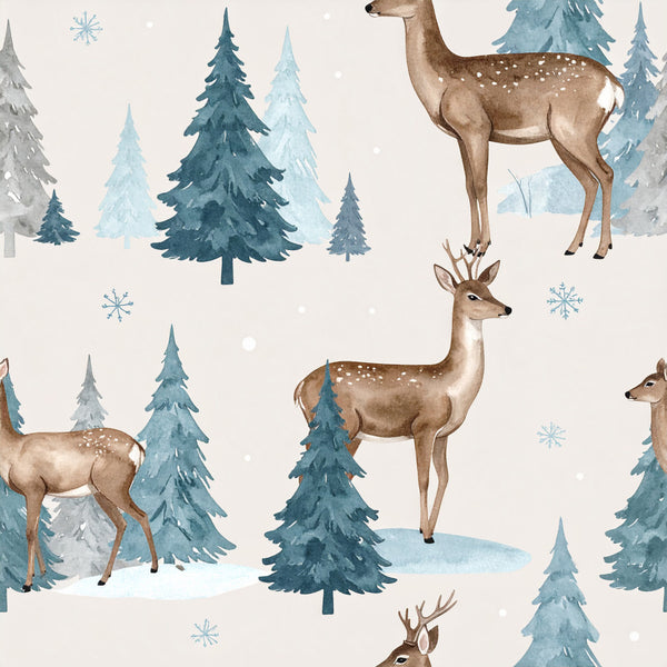 winter forest, deer, llama, alpaca, evergreen trees, pine trees, snowflakes, snow scene, woodland animals, winter wildlife, teal blue, dusty blue, tan brown, cream, winter wonderland, holiday, christmas, boho, whimsical, rustic, nature theme, forest theme, nursery, kids room, playroom, baby, children's, cozy winter, snowy landscape, forest animals