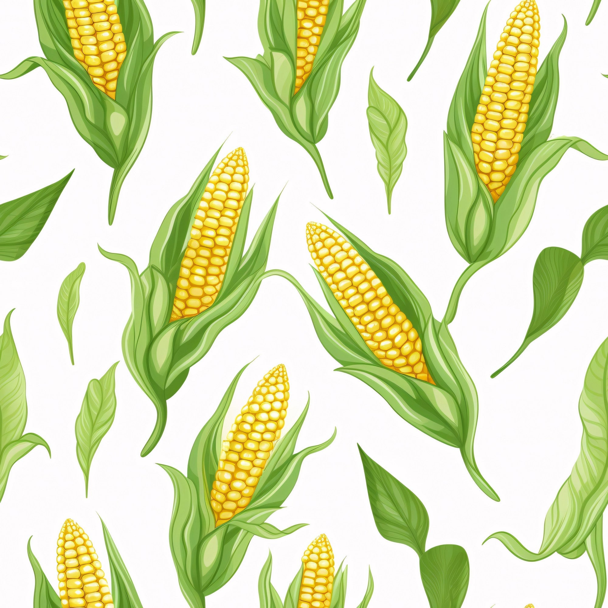yellow corn, green husks, golden kernels, corn cobs, vegetable pattern, harvest theme, farm produce, botanical illustration, seamless repeat,, fabric panel, agricultural motif, summer vegetables, corn leaves, realistic style, food illustration, garden theme, yellow and green, corn stalks, farming elements