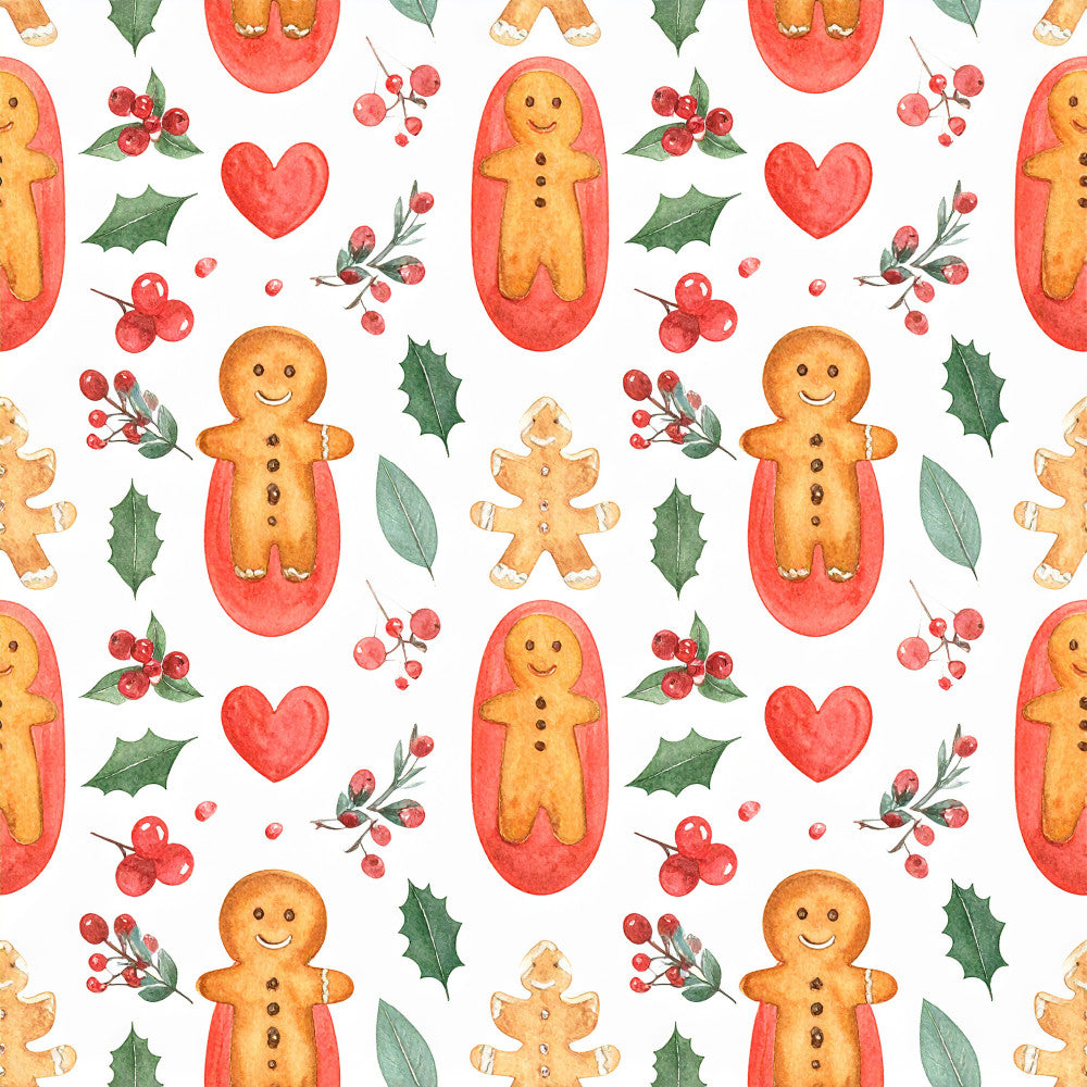 christmas, gingerbread man, holiday, festive, red, gold, tan, cream, forest green, coral red, heart, holly leaves, berries, whimsical, playful, children's, kids room, nursery, winter, seasonal, cookie, decorative, traditional, cheerful, cute faces, smiling, warm tones, vintage inspired