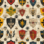rustic shields, medieval banners, heraldic crests, coat of arms, vintage weathered, distressed texture, burgundy red, navy blue, golden yellow, cream background, botanical motifs, fleur-de-lis, cross symbols, star designs,, fabric panel, germanic style, aged parchment, knight emblems, decorative insignia