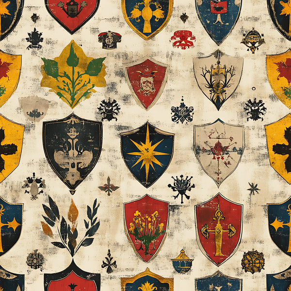 rustic shields, medieval banners, heraldic crests, coat of arms, vintage weathered, distressed texture, burgundy red, navy blue, golden yellow, cream background, botanical motifs, fleur-de-lis, cross symbols, star designs,, fabric panel, germanic style, aged parchment, knight emblems, decorative insignia
