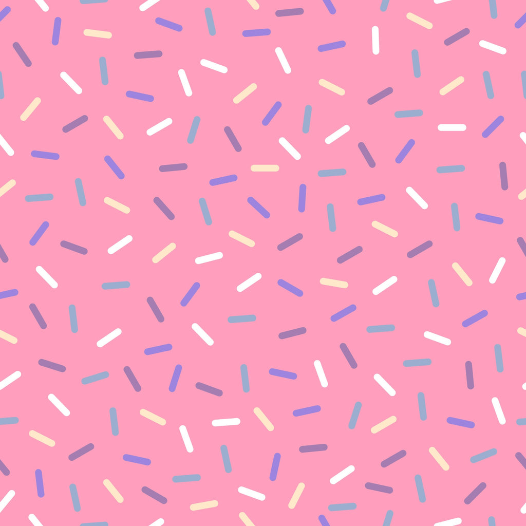 pink background, rainbow sprinkles, colorful confetti, blue sprinkles, white sprinkles, yellow sprinkles, purple sprinkles, scattered pattern, sweet treats, bakery theme, dessert motif, playful design, cheerful mood,, fabric panel, candy colors, celebration theme, fun pattern, whimsical style