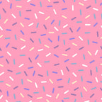 pink background, rainbow sprinkles, colorful confetti, blue sprinkles, white sprinkles, yellow sprinkles, purple sprinkles, scattered pattern, sweet treats, bakery theme, dessert motif, playful design, cheerful mood,, fabric panel, candy colors, celebration theme, fun pattern, whimsical style