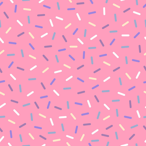 pink background, rainbow sprinkles, colorful confetti, blue sprinkles, white sprinkles, yellow sprinkles, purple sprinkles, scattered pattern, sweet treats, bakery theme, dessert motif, playful design, cheerful mood,, fabric panel, candy colors, celebration theme, fun pattern, whimsical style