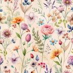 peach background, watercolor florals, wildflowers, botanical illustration, pink roses, purple tulips, orange poppies, blue daisies, lavender sprigs, delicate stems, soft pastels, whimsical flowers,, fabric panel, spring blooms, meadow flowers, artistic watercolor, floral motifs, nature inspired, cottage garden