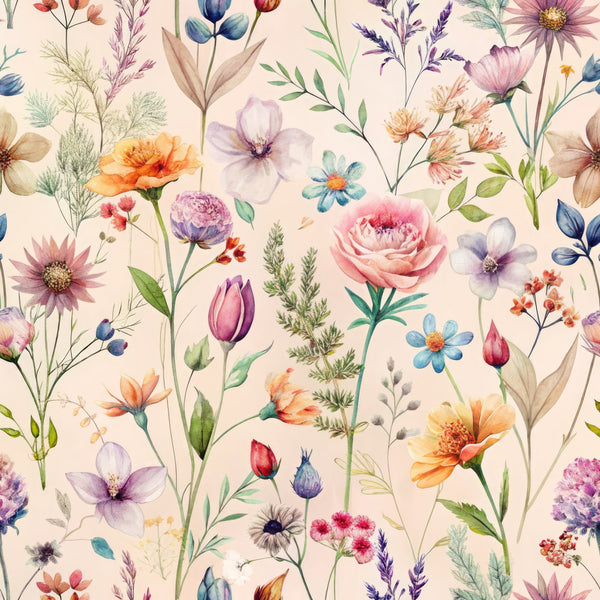 peach background, watercolor florals, wildflowers, botanical illustration, pink roses, purple tulips, orange poppies, blue daisies, lavender sprigs, delicate stems, soft pastels, whimsical flowers,, fabric panel, spring blooms, meadow flowers, artistic watercolor, floral motifs, nature inspired, cottage garden