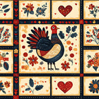 fabric panel, folk art, rooster, bird, floral motifs, hearts, red, navy blue, cream, orange, botanical elements, leaves, flowers, patchwork squares, country style, warm colors, decorative borders, rustic charm, autumn tones